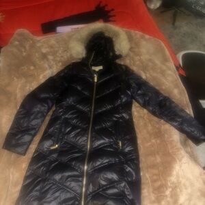 Michael Kors Shiny Black Puffer Coat with Fur Trim